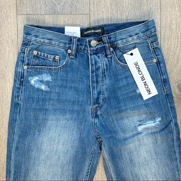 Free People Neon Blonde Jeans Siren High Rise Tapered Straight leg Distressed - Picture 4 of 16